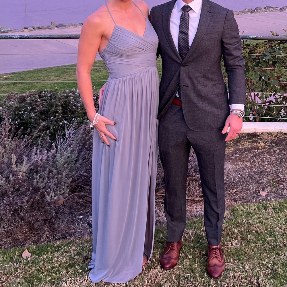 David’s Bridal Long Mesh bridesmaid dress with lace-up back in Mercury